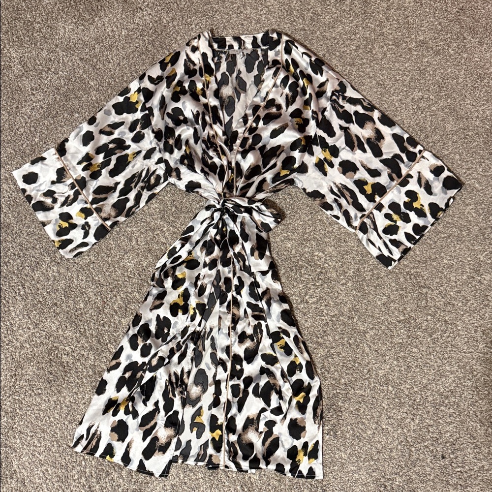 Leopard Print Satin Kimono Robe